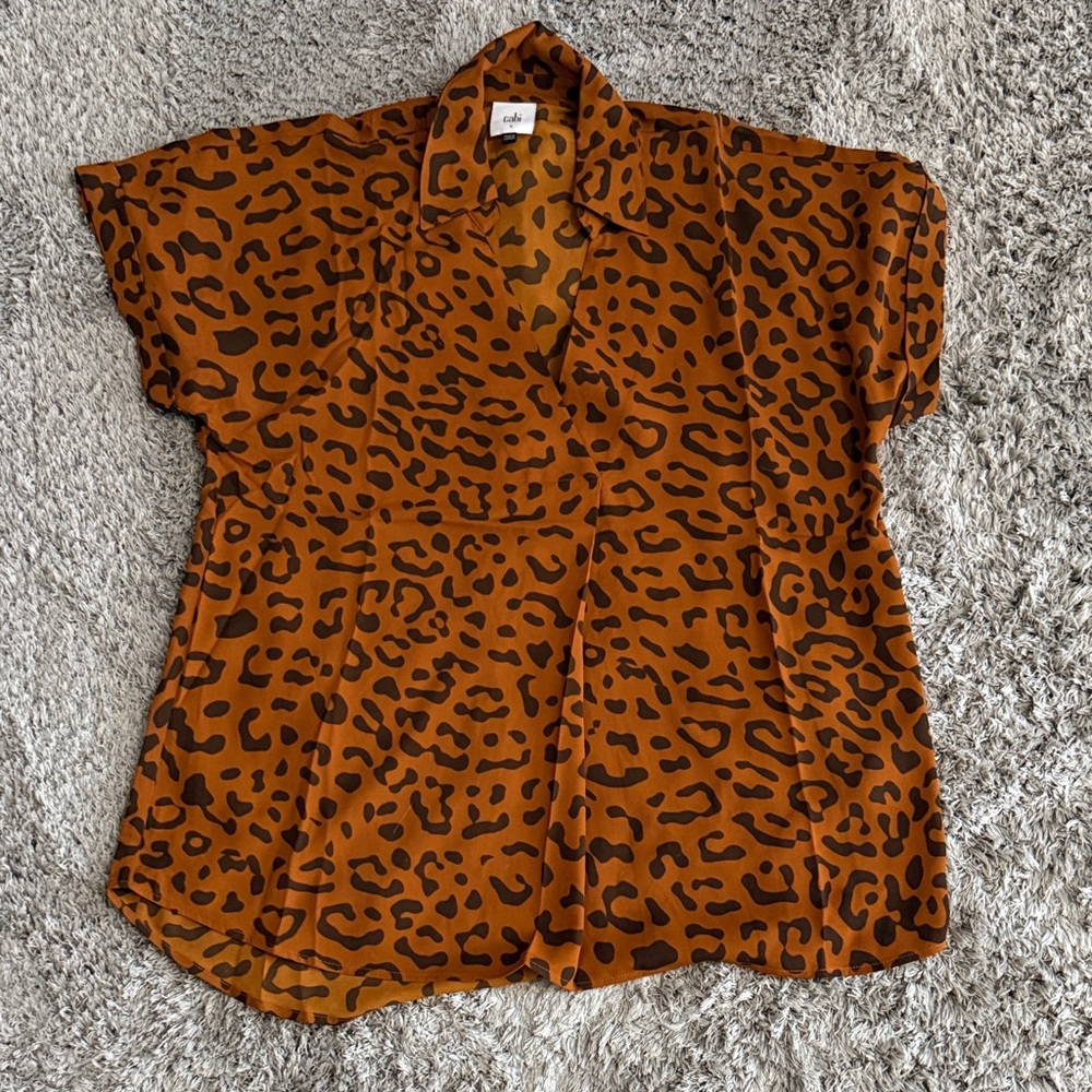 Cabi Brown Leopard Print Short Sleeve Blouse